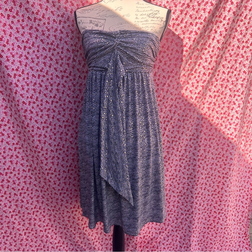 “Express” strapless black and white polka dot dress with gold metallic splashes